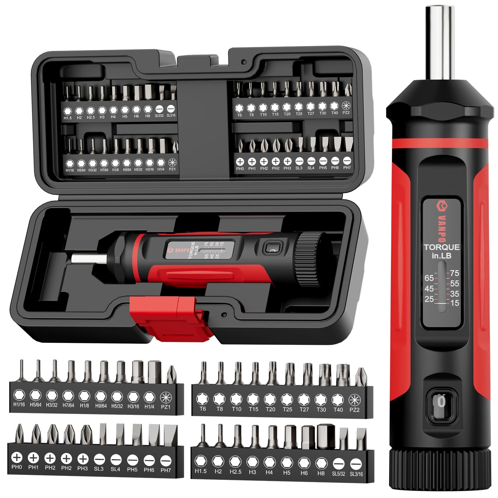 VANPO torque screwdriver with dial showing 15-75 in-lb range for precise control