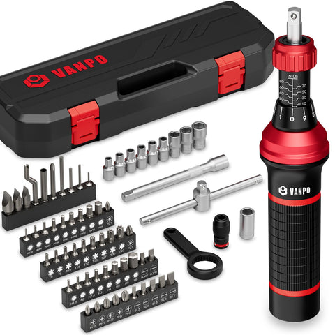 Vanpo Torque Screwdriver Set case with organized 64-piece kit for precision electronics.