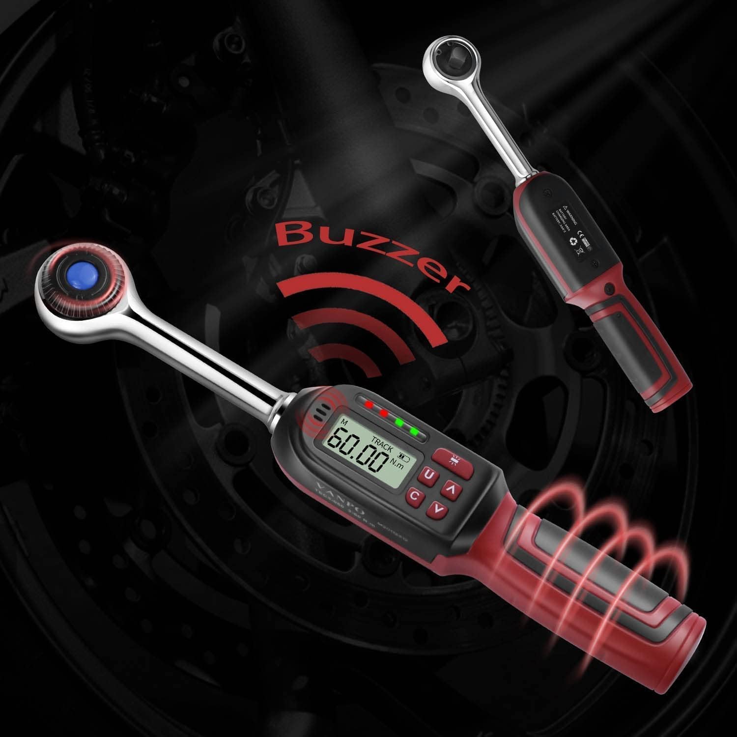 VANPO wrench showing PEAK and TRACK modes for real-time data.