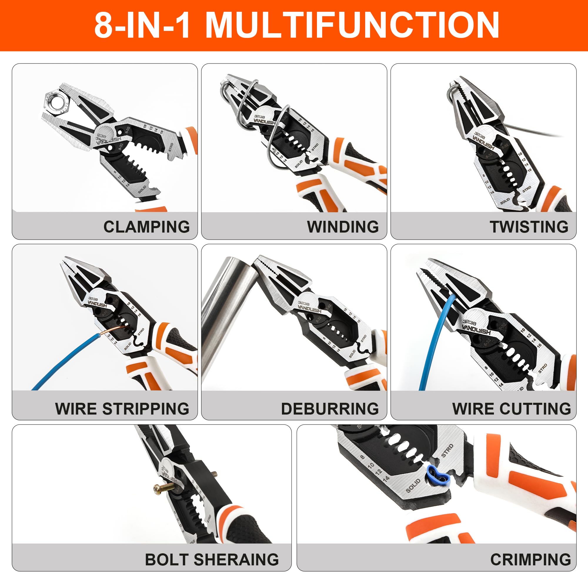 Vanquish 8-in-1 linesman pliers crimping terminal connectors securely