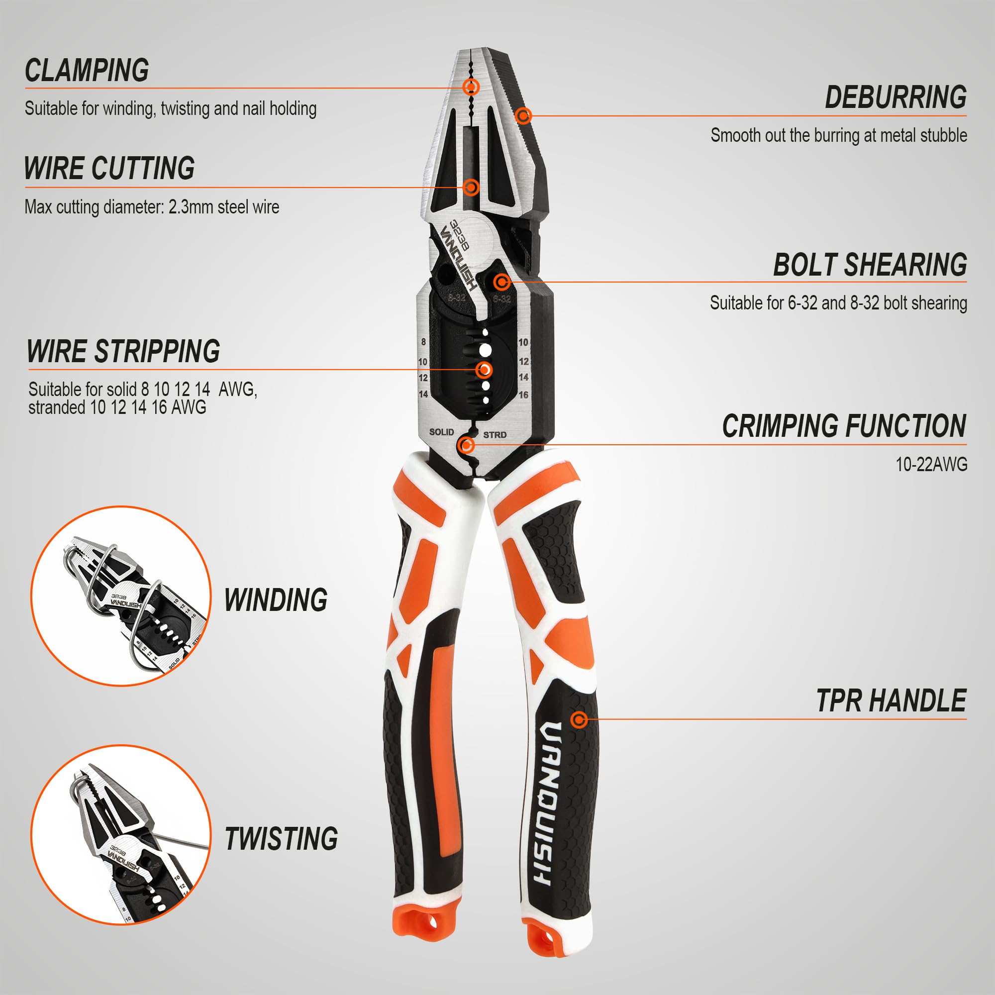 Vanquish 8-in-1 linesman pliers cutting edge hardened for durable wire work