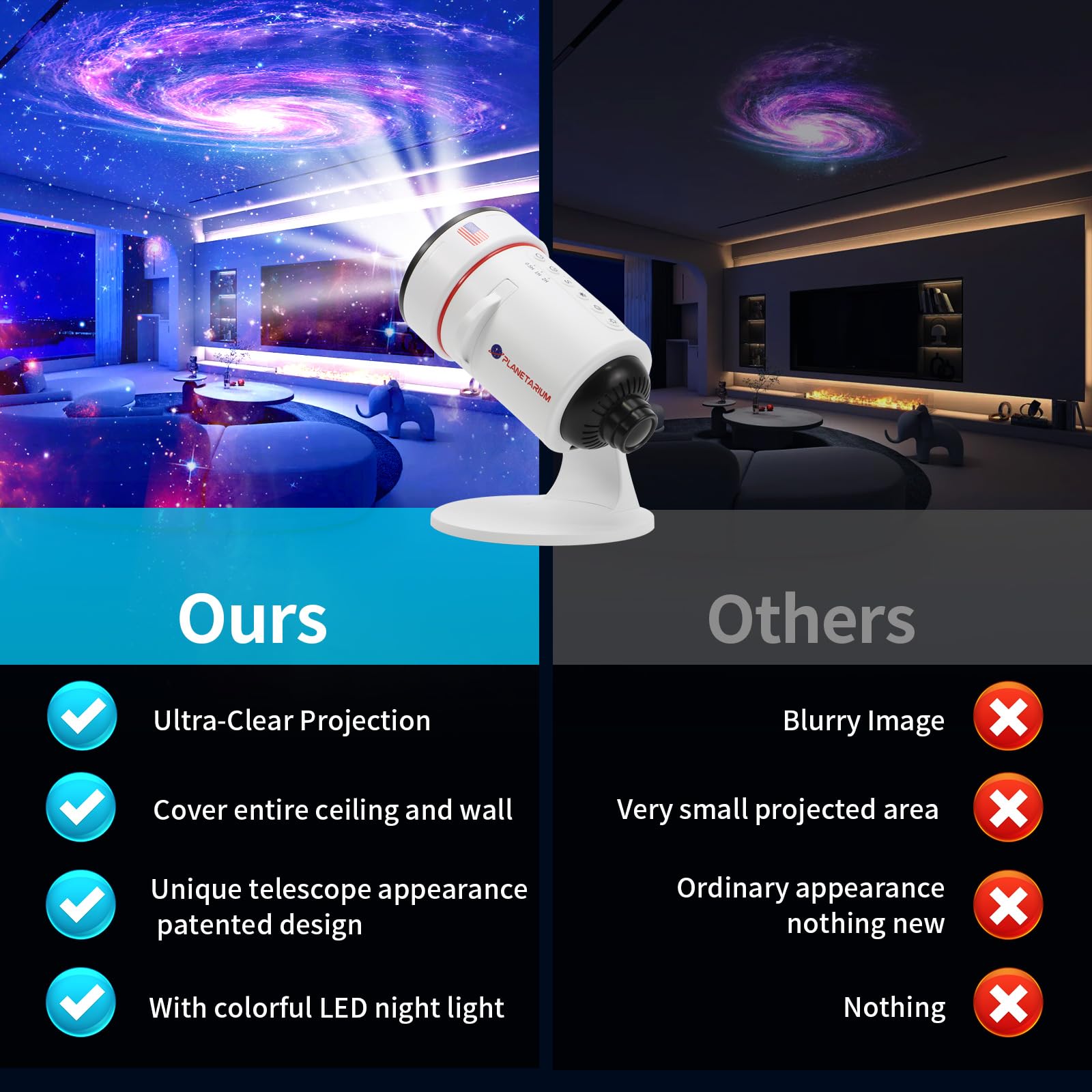VanSmaGo Galaxy Projector disc Moon highlights lunar details on ceilings.