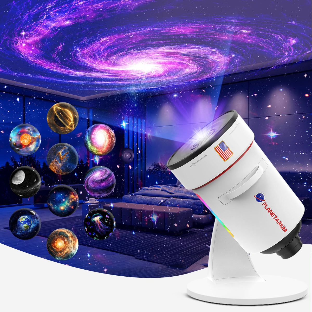 VanSmaGo Galaxy Projector front view showcases telescope-inspired design for stylish room ambience.