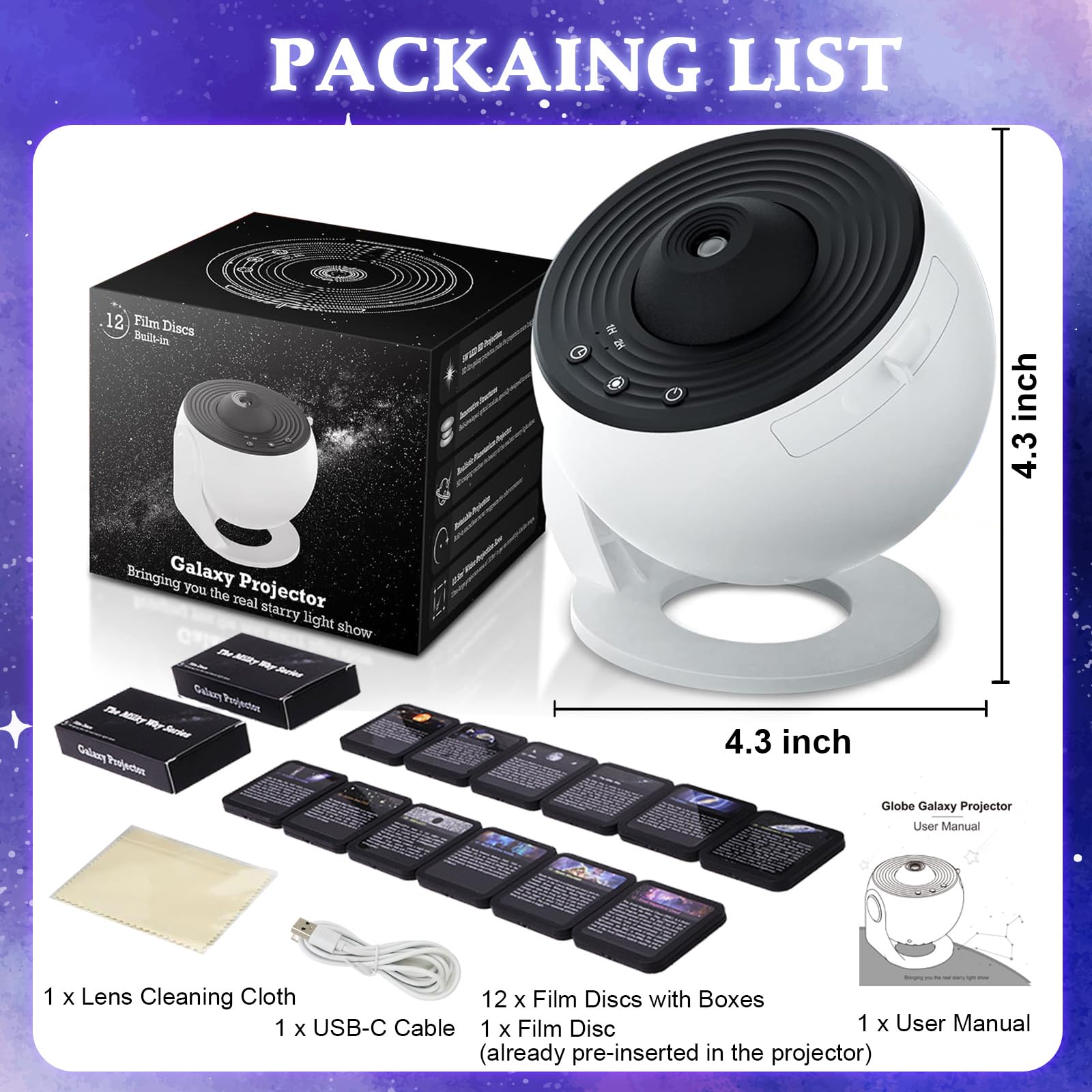 VanSmaGo Galaxy Projector package content includes discs and accessories.