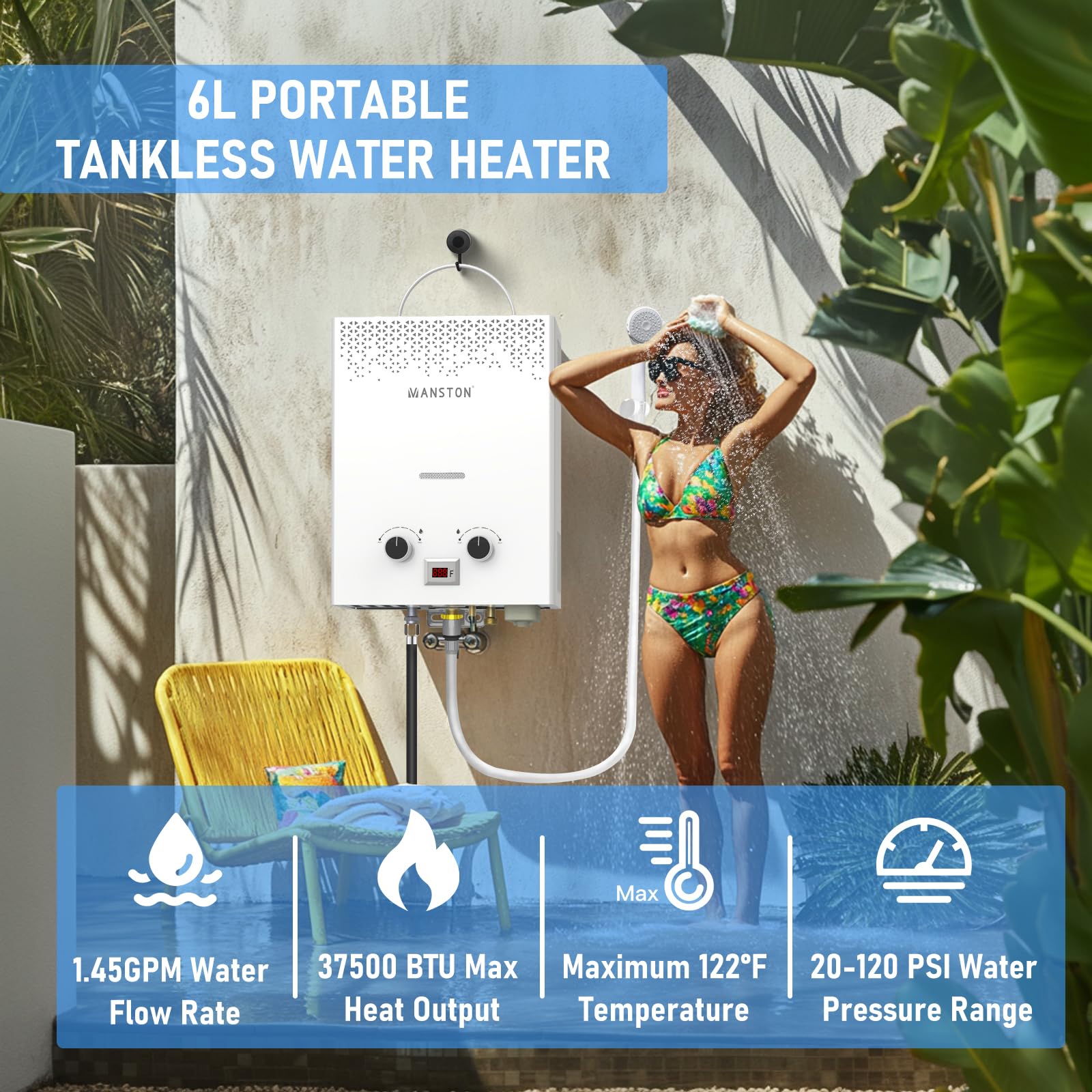 VANSTON 6L tankless water heater outdoors delivers on-demand hot water for RV trips.