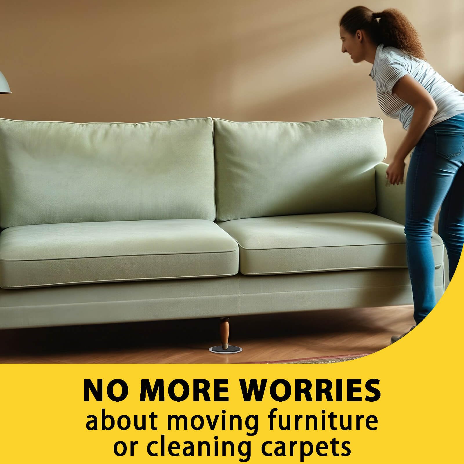 Vanteen furniture sliders in action demonstrating easy, safe moves on multiple floor types.