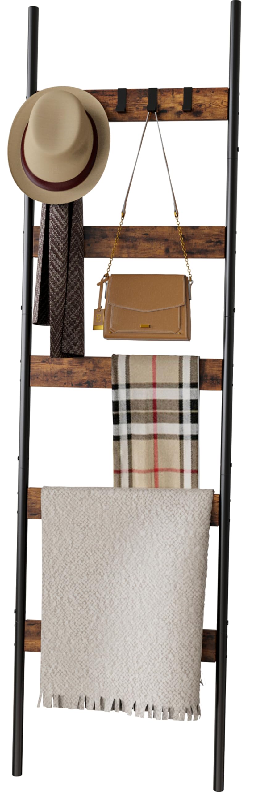 Vantimo 5-tier blanket ladder displaying blankets in a cozy living room.
