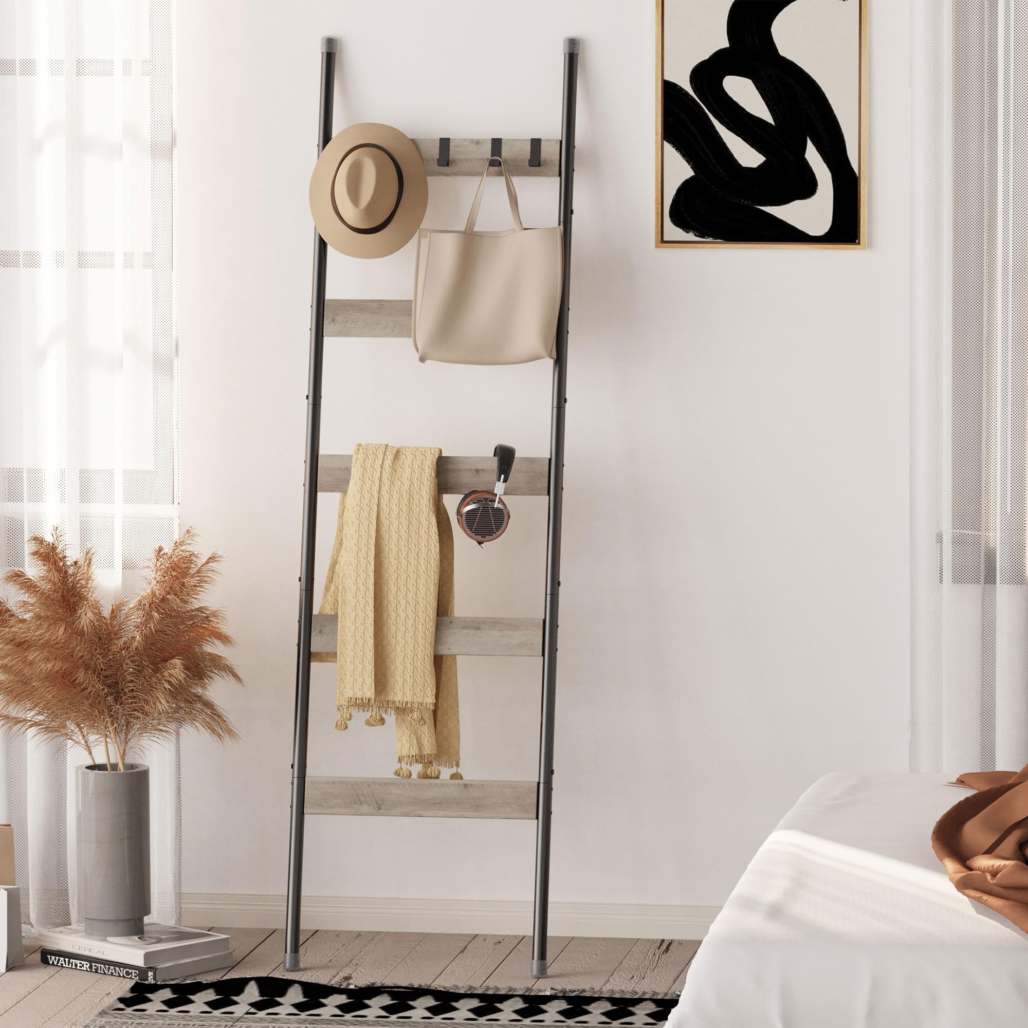 Vantimo wooden towel rack provides bathroom organization.