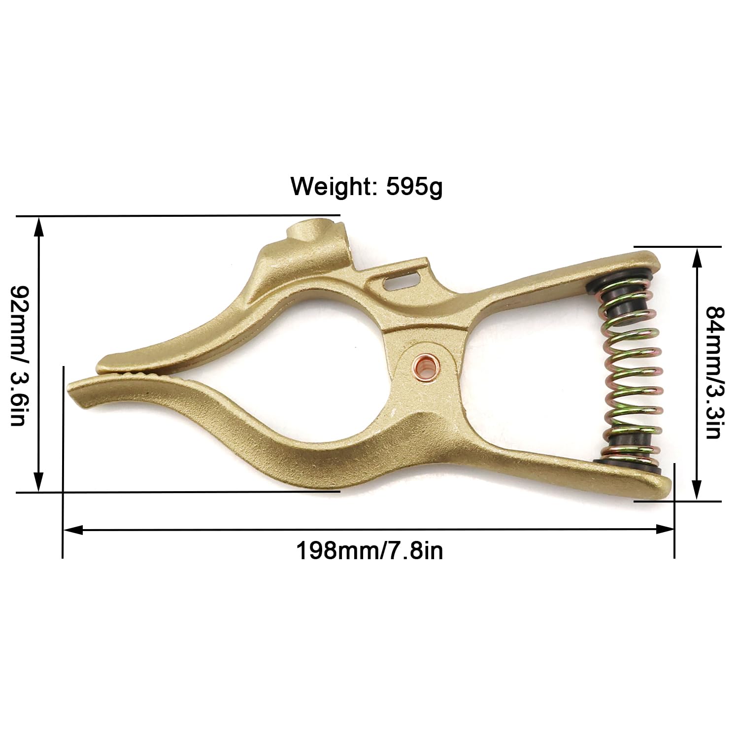 Vaphy ground clamp shows 8-inch length with 2-inch jaw opening for solid connections.