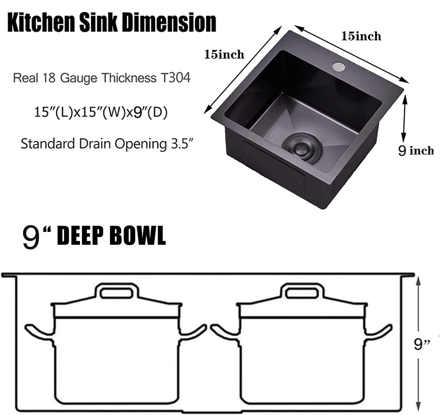 VAPSINT black drop-in bar sink interior dimensions for efficient space planning.