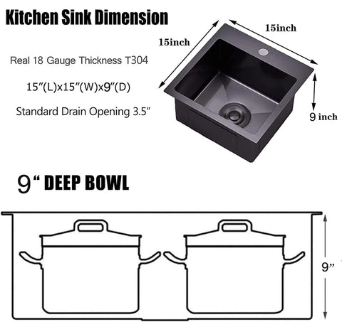 VAPSINT black drop-in bar sink interior dimensions for efficient space planning.