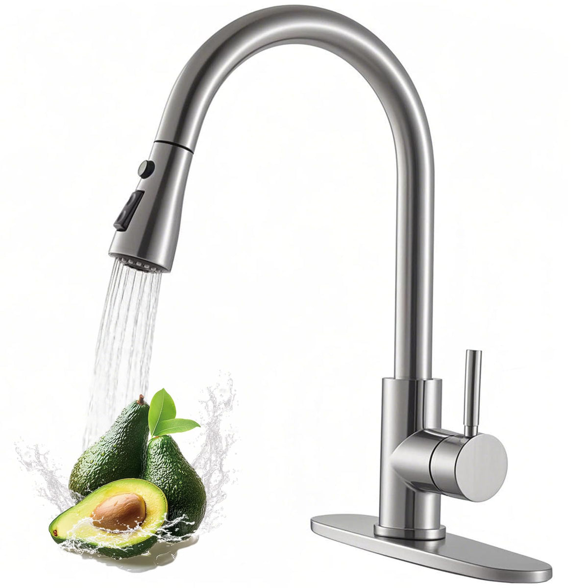 VAPSINT brushed nickel faucet with pull-down sprayer for versatile cleaning