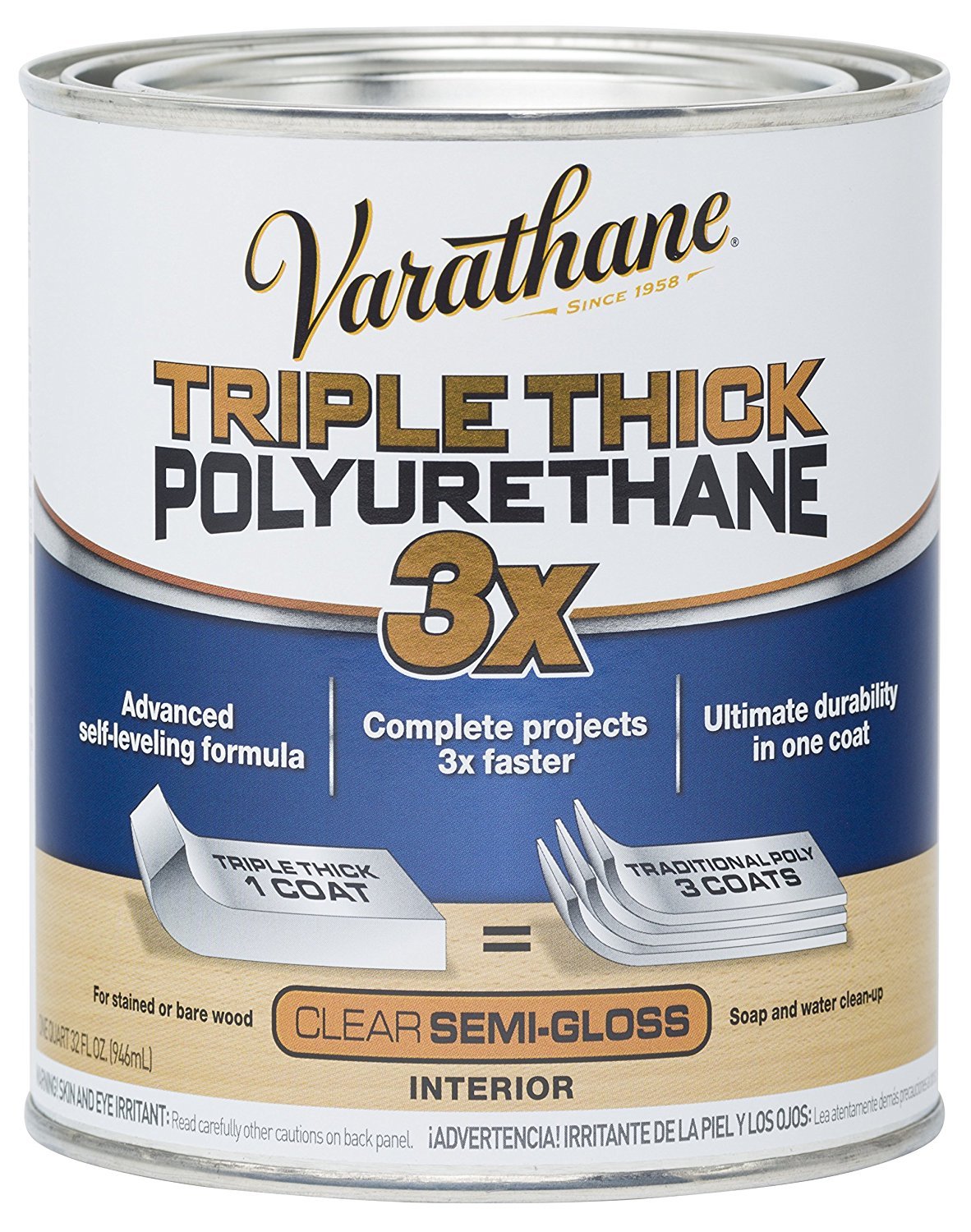 Varathane Triple Thick polyurethane self-leveling wood finish protects surfaces from scratches