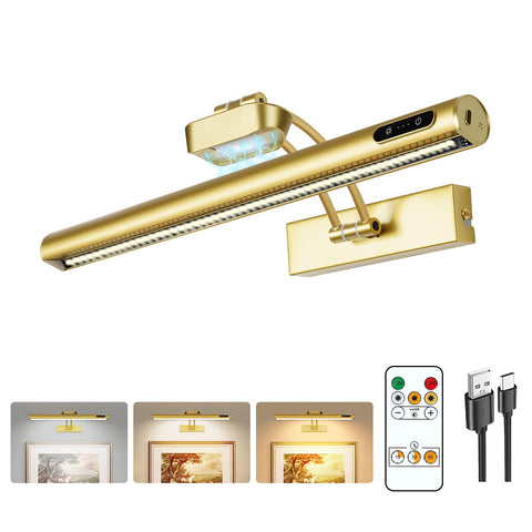 VARICART magnetic wireless picture light front view with gold finish—enhances artwork display.