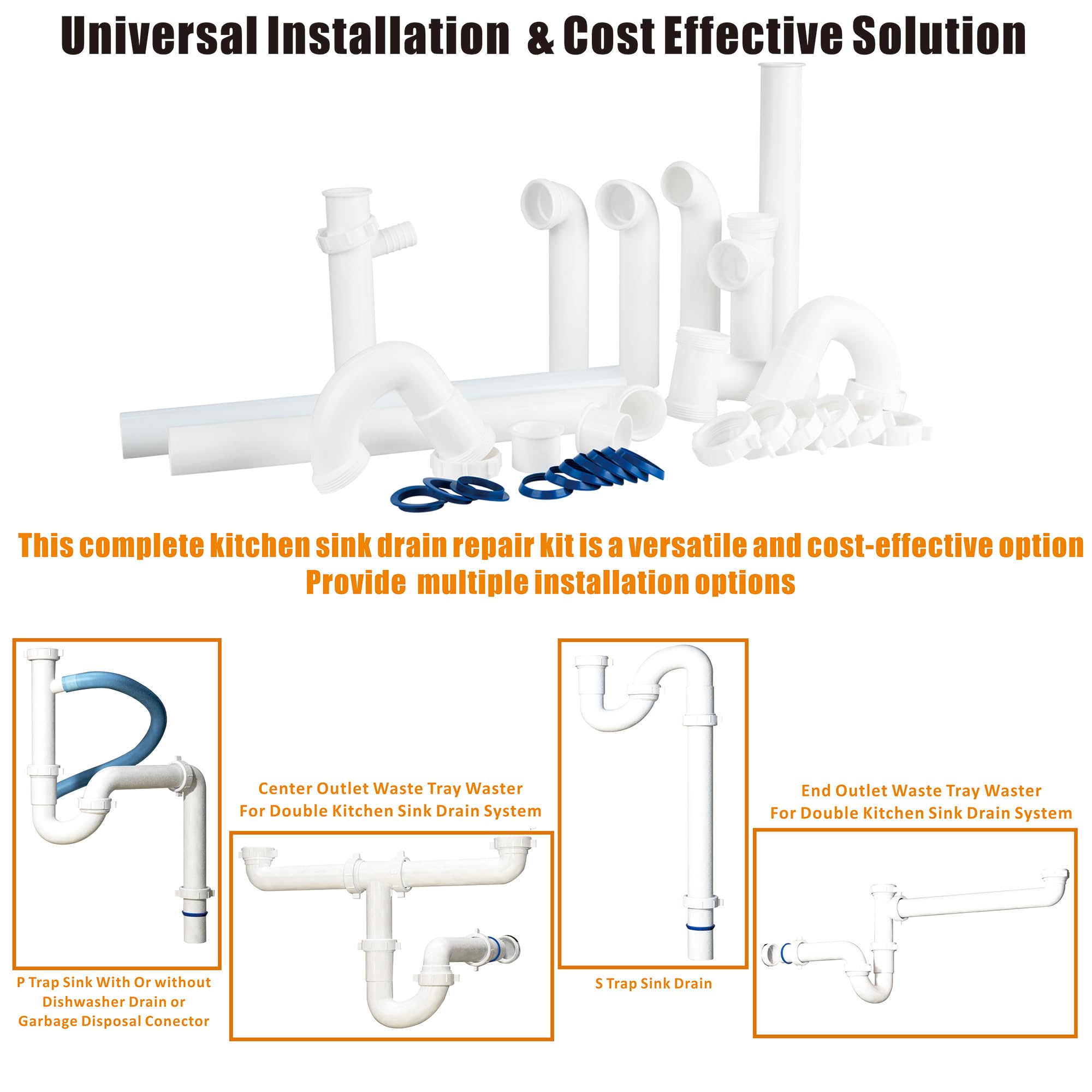 Variimage center outlet tee setup demonstrates universal compatibility for sink plumbing.