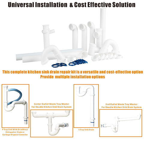 Variimage center outlet tee setup demonstrates universal compatibility for sink plumbing.