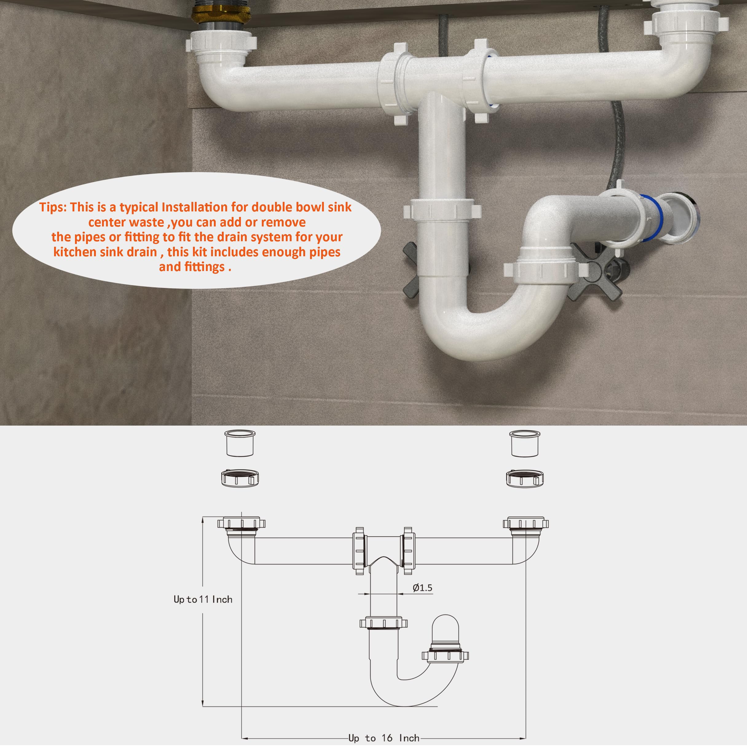 Variimage dishwasher tailpiece illustrates compatibility with kitchen appliances.