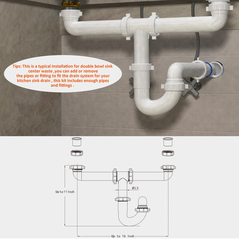 Variimage dishwasher tailpiece illustrates compatibility with kitchen appliances.