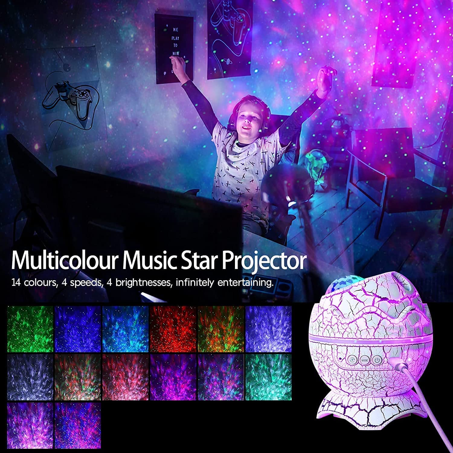 Varkda nebula and starlight projection lights wall and ceiling in rich colors.