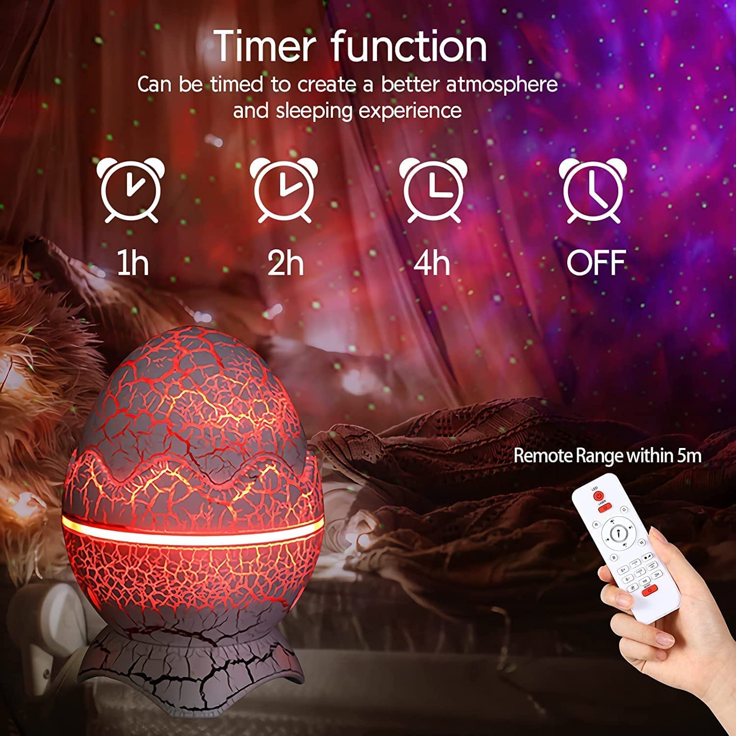 Varkda Dinosaur Egg projector with remote control for easy setup from five meters.