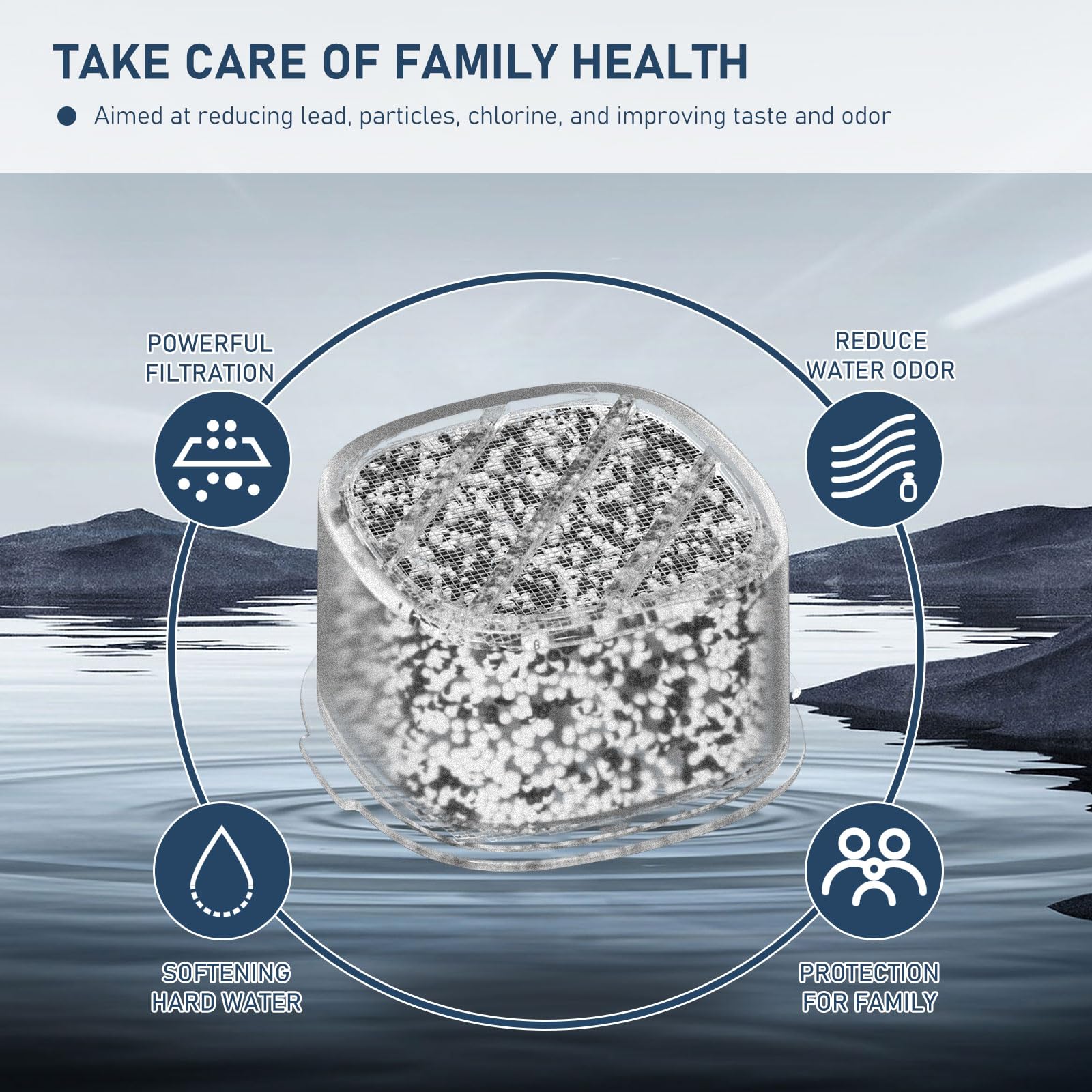 Two-pack replacement cartridges provide up to 10,000 gallons of filtered water.