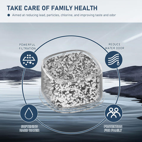 Two-pack replacement cartridges provide up to 10,000 gallons of filtered water.