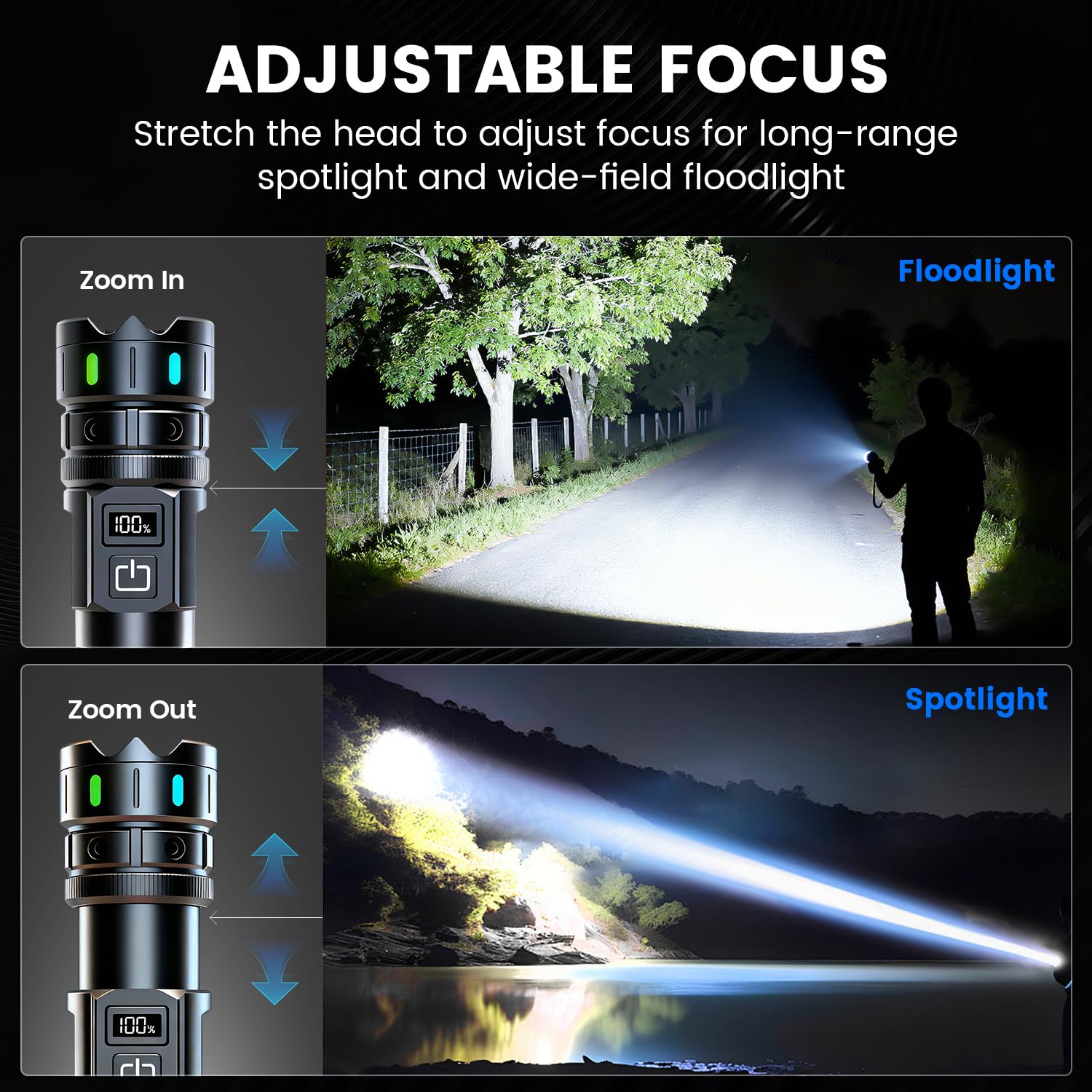 VASTFIRE flashlight with fluorescent side strips for enhanced night visibility.