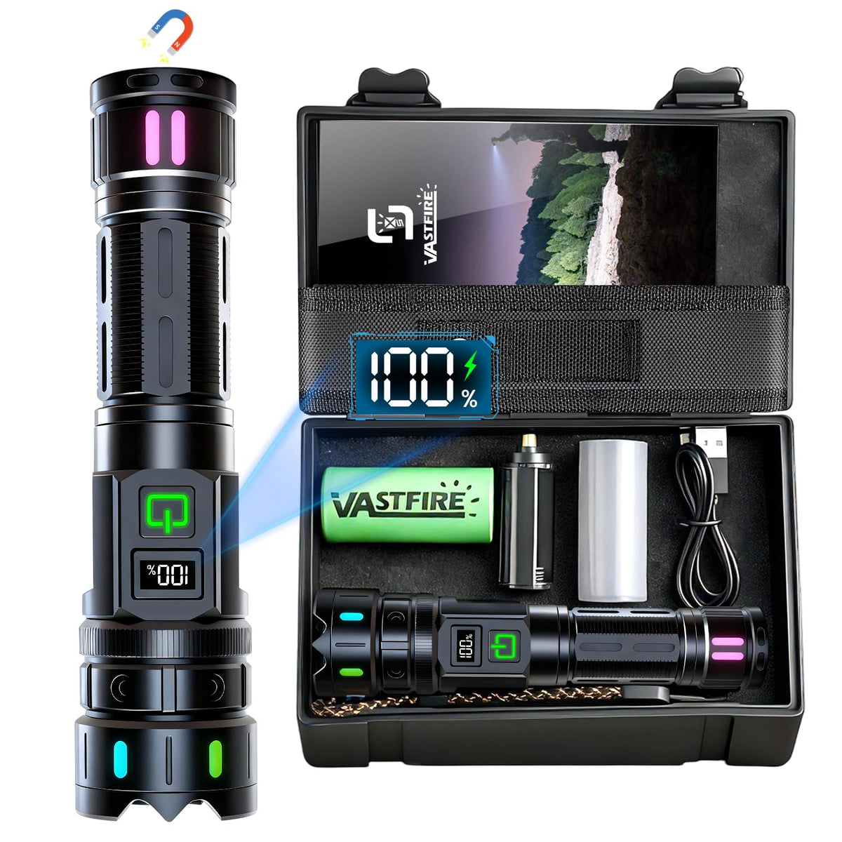 VASTFIRE rechargeable flashlight front view showing rugged design for outdoor use.