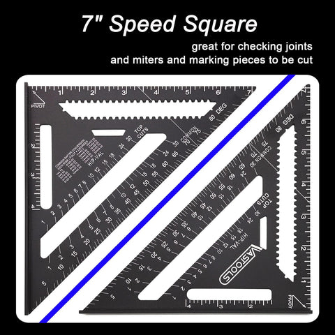 VASTOOLS 7-inch speed square helps verify joints and mark cuts.