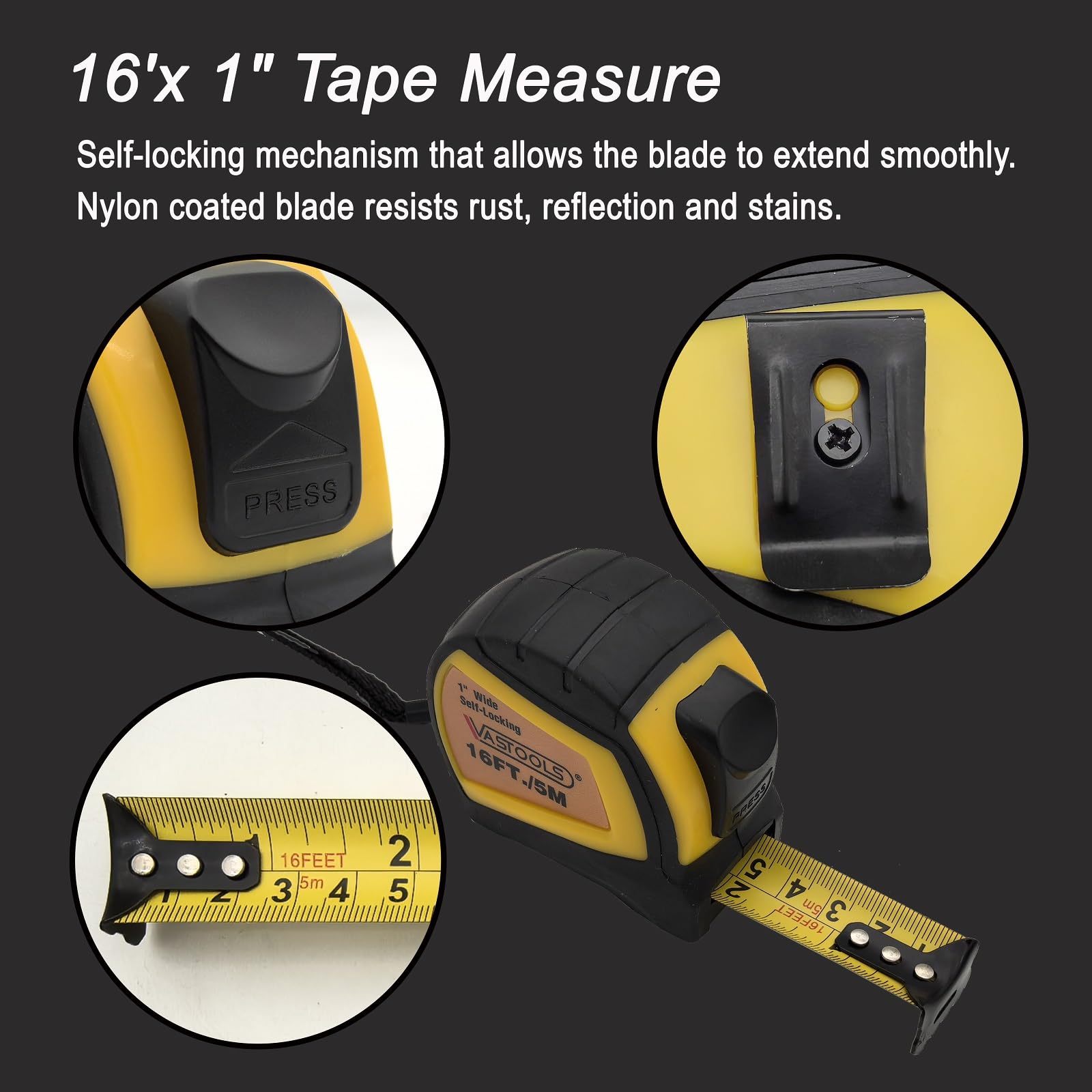VASTOOLS 16 ft tape measure with lock for quick, accurate readings on site.