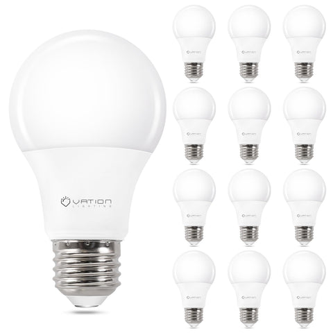 VATION LIGHTING A19 4000K LED bulb packaging highlights energy efficiency and long life.