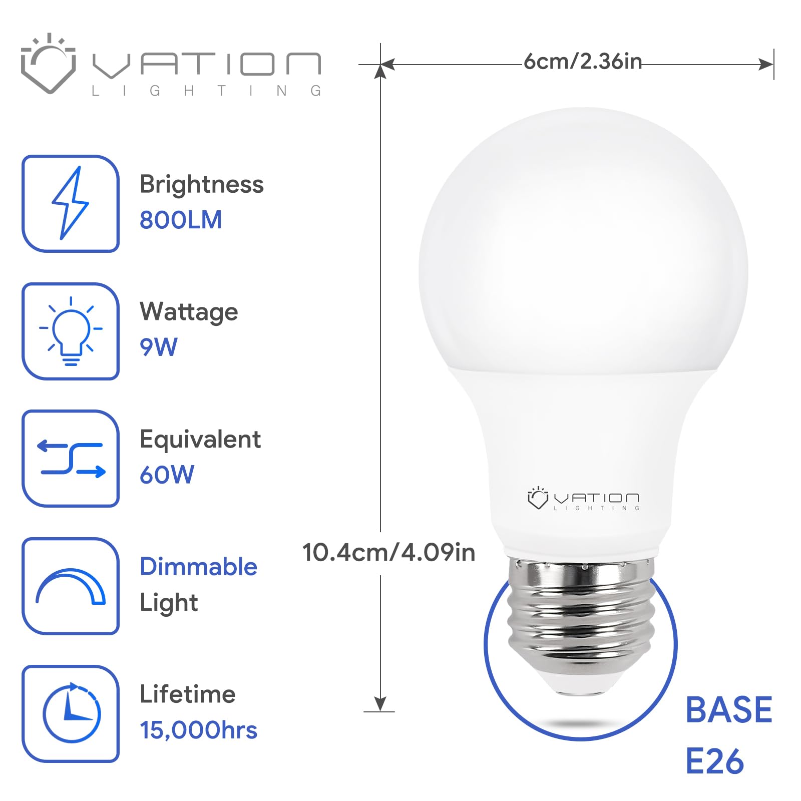 VATION LIGHTING A19 LED bulb, 800 lumens, 9W, with E26 base.