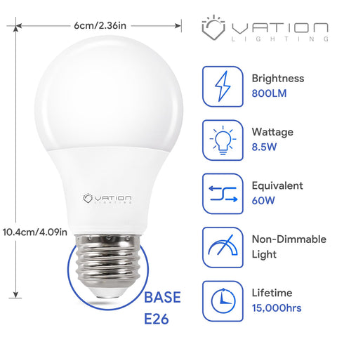 Close-up of VATION LIGHTING A19 LED bulbs with E26 base for easy swaps.