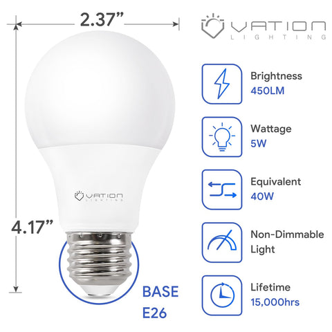 VATION LIGHTING daylight 5000K A19 LED bulbs for bright, neutral white illumination.