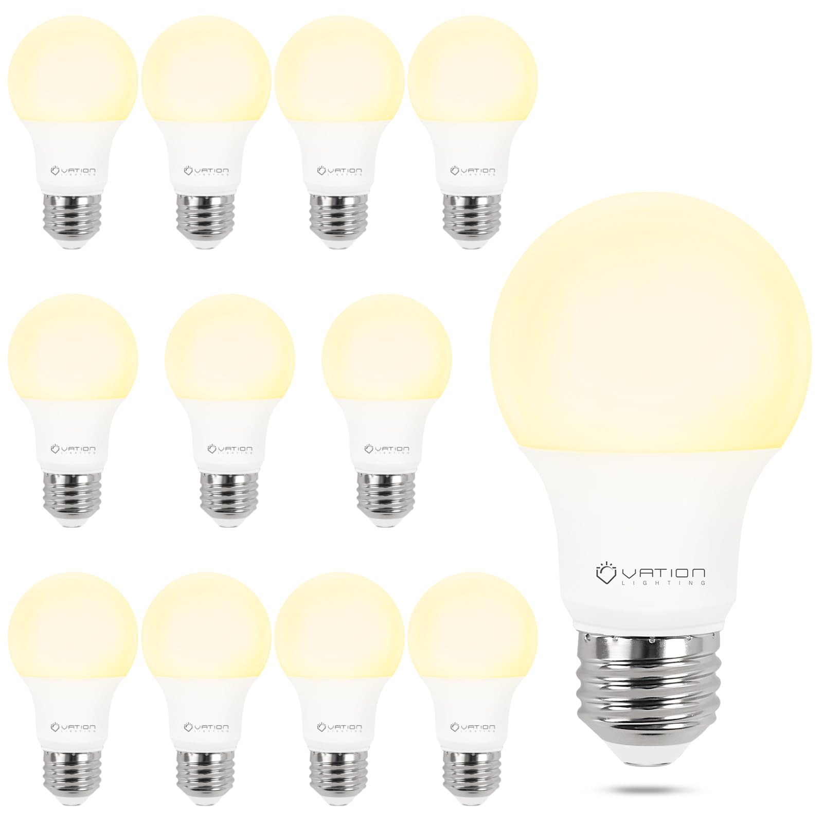 VATION LIGHTING dimmable A19 bulb 12-pack in 3000K warm white for flexible lighting.