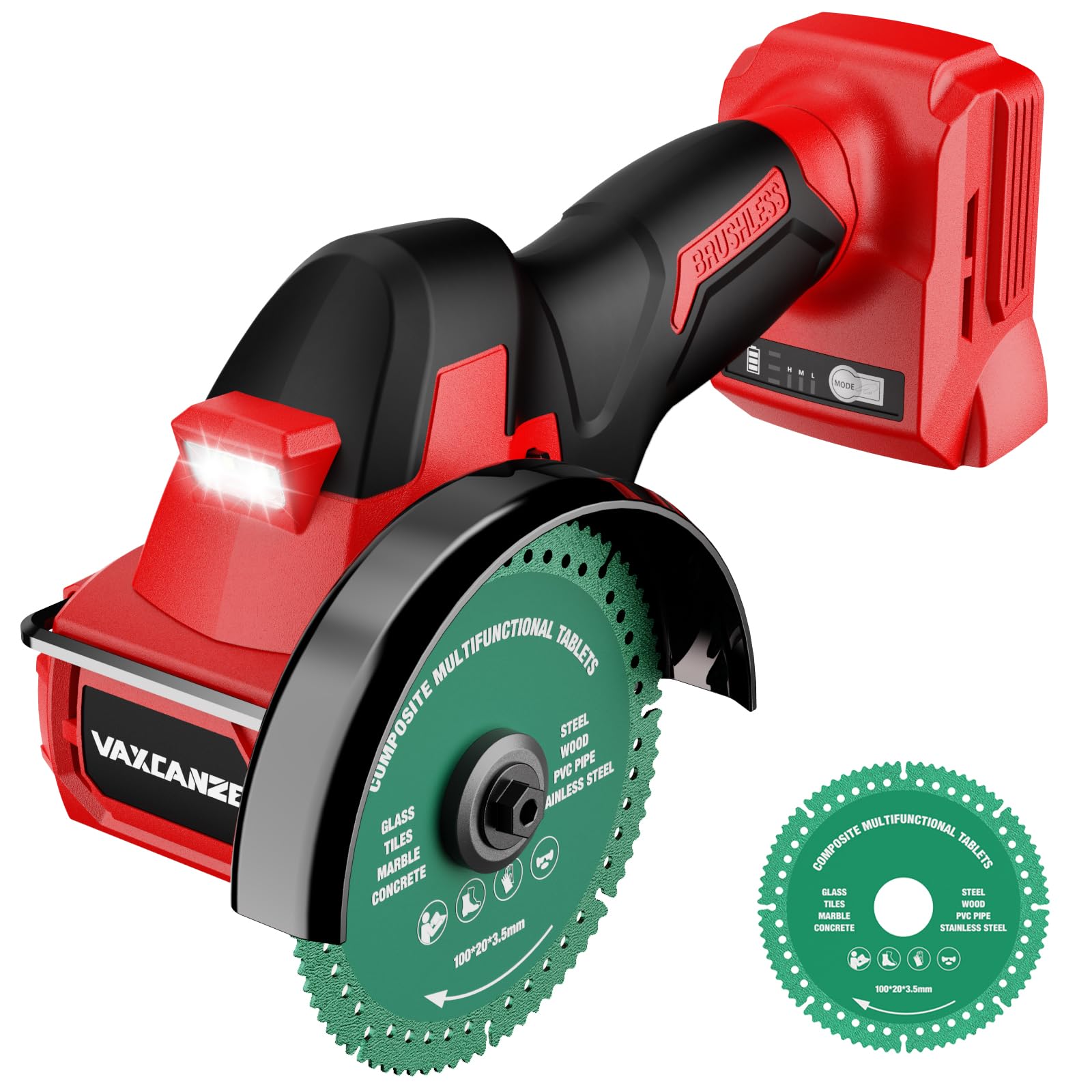 VAXCANZE cordless cut off tool front view for precise metal and wood cuts.