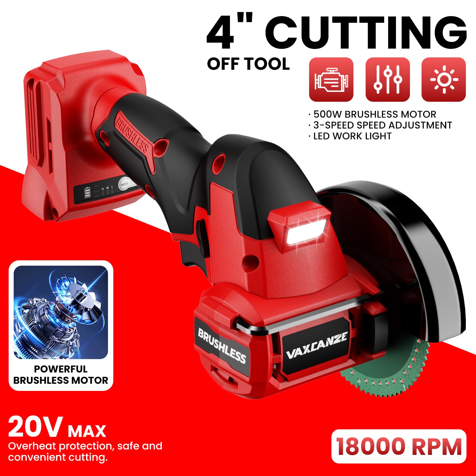 VAXCANZE LED work light brightens the cut area for accurate lines.