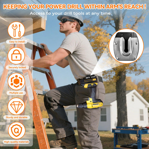 VAYAGARDEN drill holster clip showing secure connection to OEM ports for stable mounting.