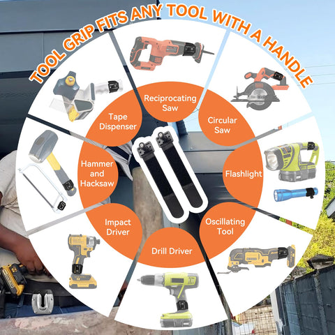 VAYAGARDEN tool grip with adjustable length for various handles, compatible with hammers and flashlights.