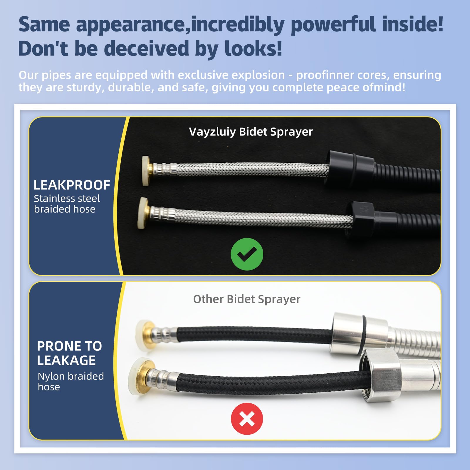 Vayzluiy leak-proof braided hose supports worry-free daily use.