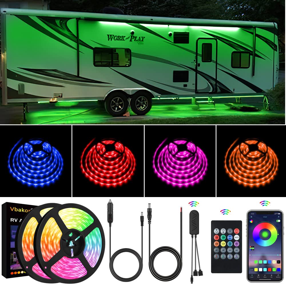 Vbakor RV Awning Lights installed on a camper, delivering vibrant underglow