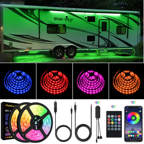 Vbakor RV Awning Lights installed on a camper, delivering vibrant underglow