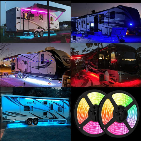 Vbakor RV awning lights at night with party-ready color changes