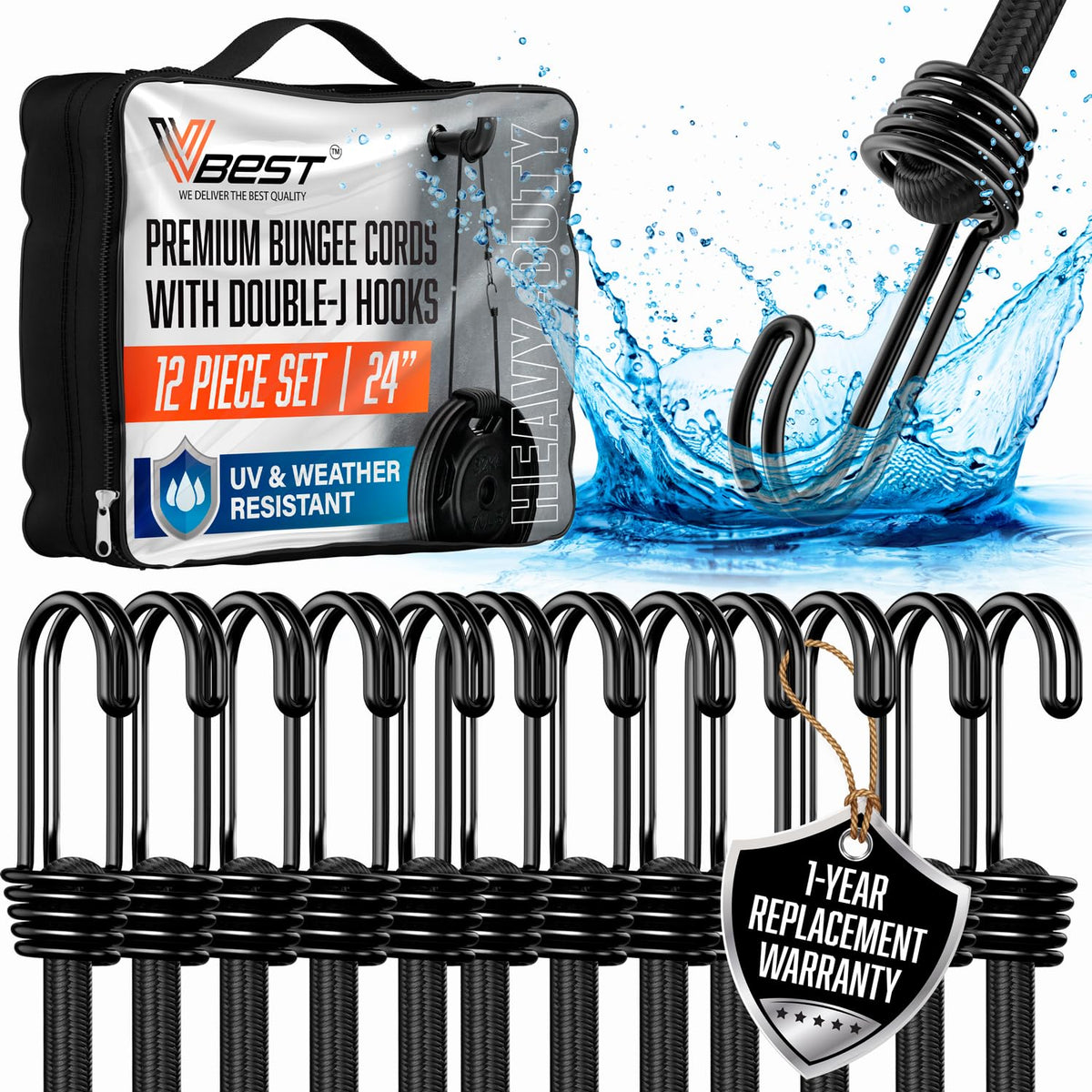 VBEST 24-inch bungee cords with hooks for outdoor securing.