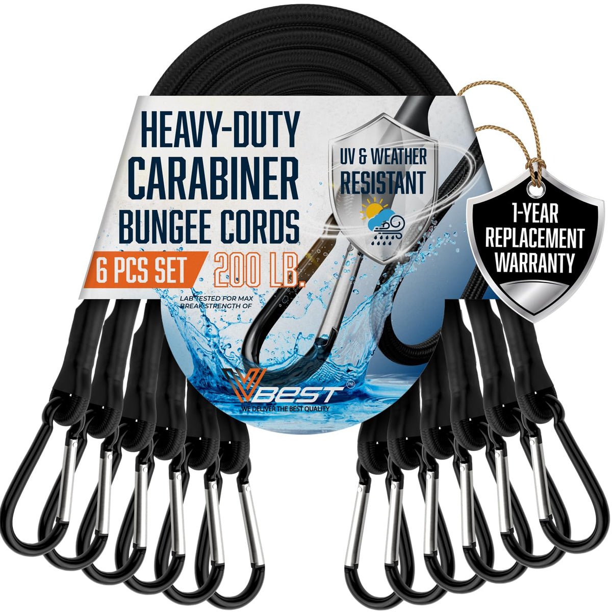 VBEST 6-piece 12-inch bungee cords with hooks securing cargo outdoors.