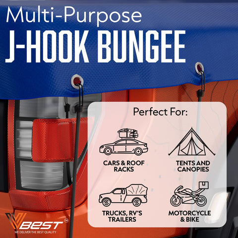 VBEST 36-inch bungee cord with hooks securing canopies and gear.