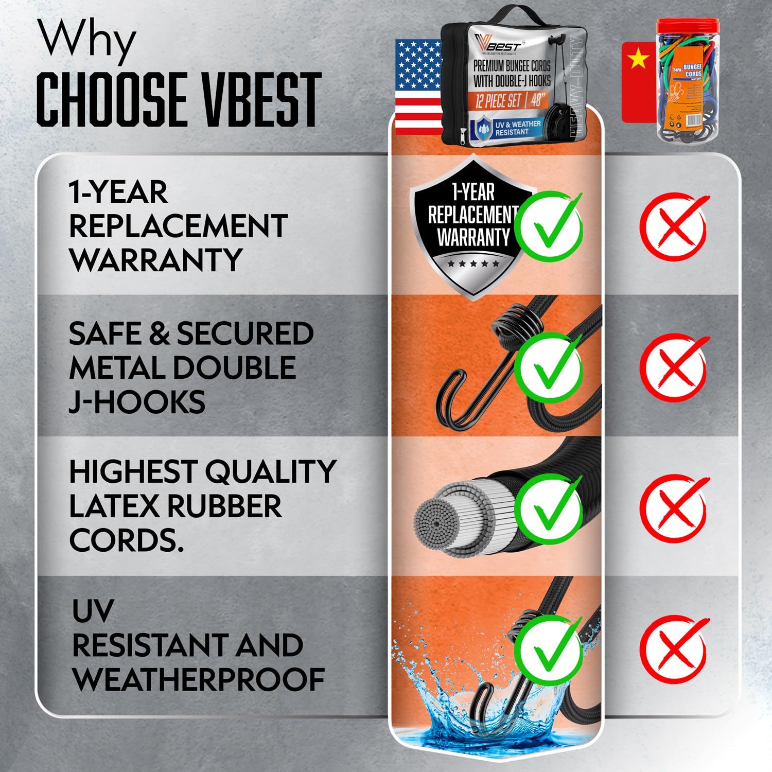  VBEST bungee cords securely fasten load on bikes and RV carriers.