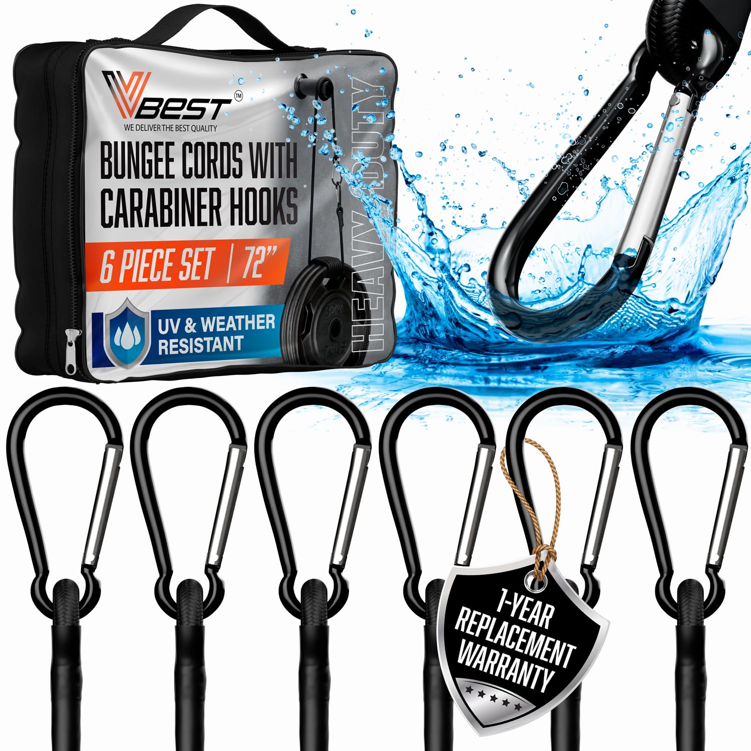 VBEST Extra Long Bungee Cords with carabiner hooks closeup for secure cargo