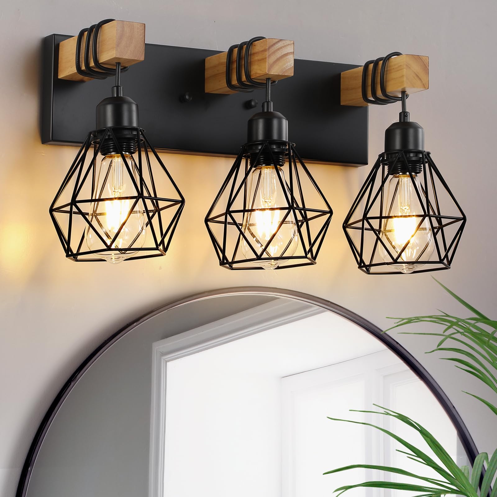 VbiTmn farmhouse vanity light with 3-light wood design highlights warm bathroom ambience