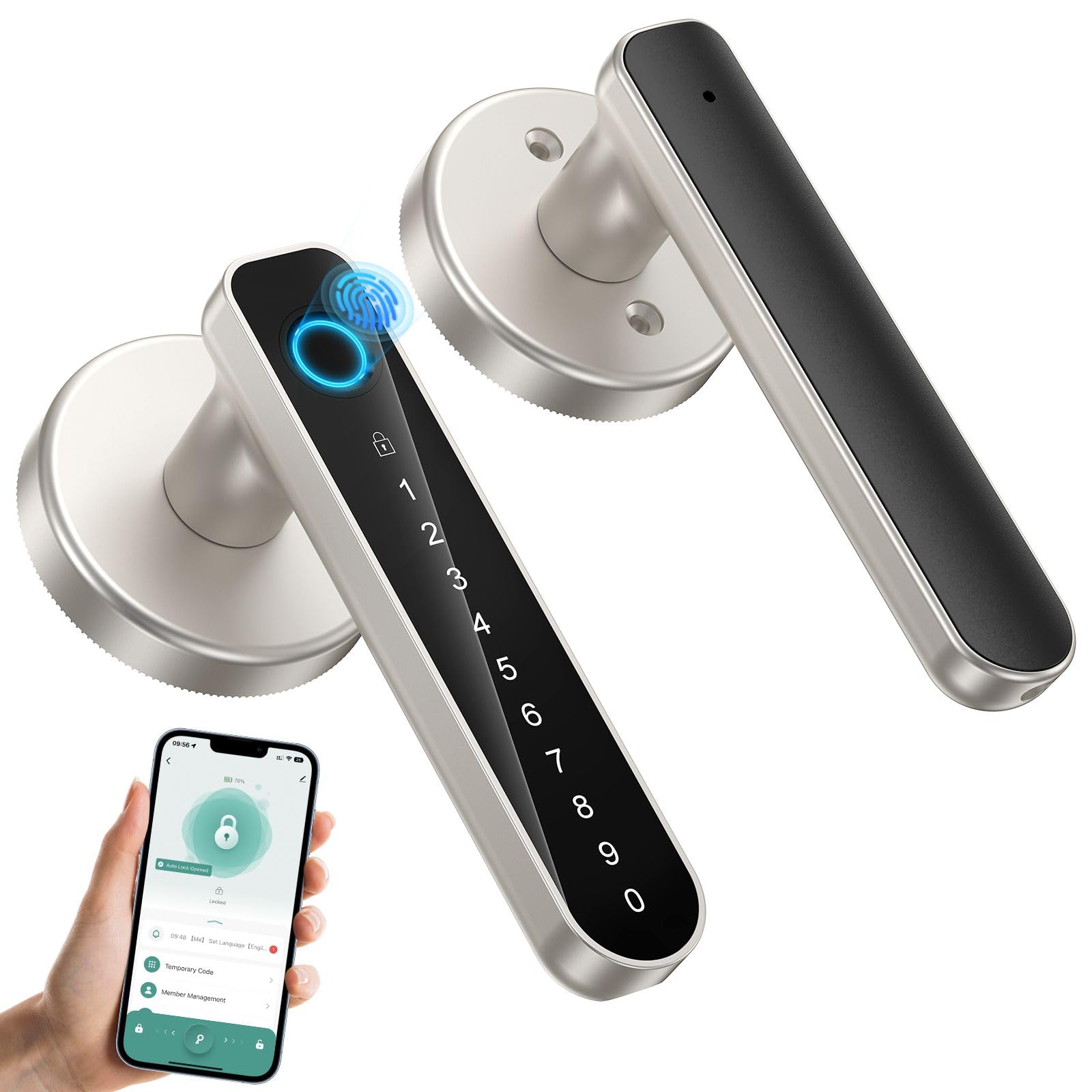 VBUFKRIT fingerprint door lock front view showing sleek silver finish